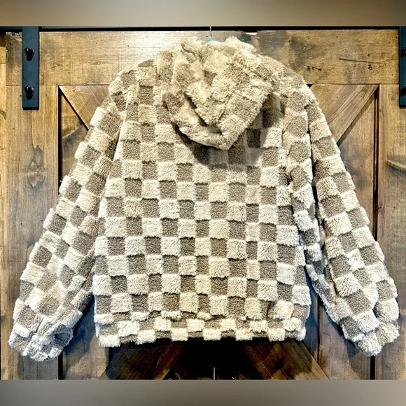 NWT BiBi Cozy Mocha Checkered Sherpa Hooded Jacket - Picture 2 of 16